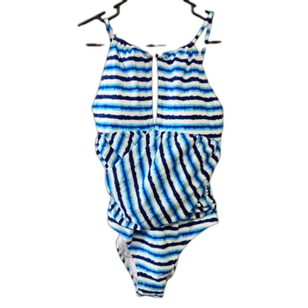CUPSHE One Piece Women's Large Swimsuit Adj Straps Blue/White Watercolor Stripe